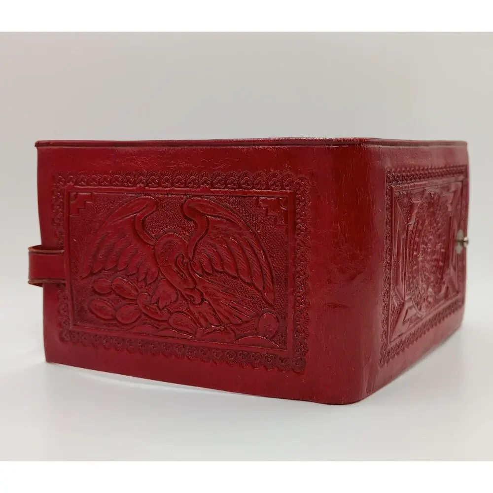 Vintage Red Hand Tooled Leather Wallet Aztec Calendar